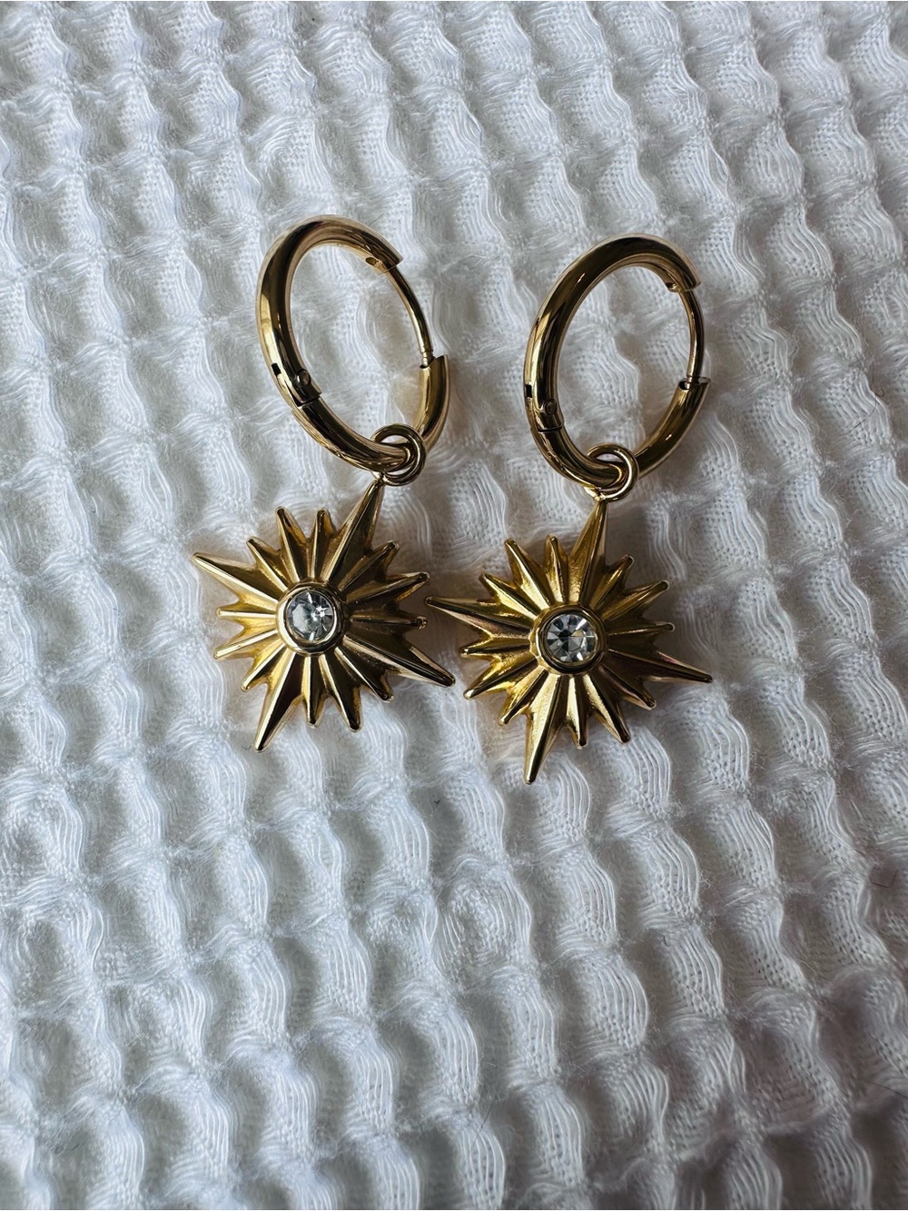 Gold Sunburst Hoop Drop Earrings with Crystal Center